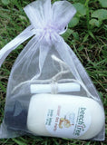 custom wedding favor in organza lavender bag with 2oz organic lotion and coupon